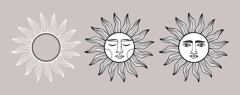A set of esoteric symbols of sun. Alchemical or mystical magic elements for tarot cards, banners, posters, brochures, stickers. Esoteric astrological symbols. Line art